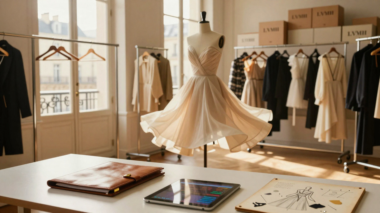 Light pink dress on a mannequin in a sunlit fashion studio with sketches, tablet, and clothing racks in the background.