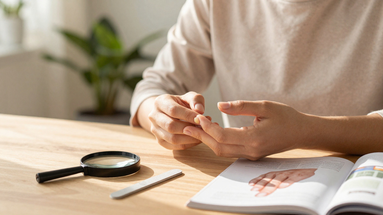 Person examining fingernail with magnifying glass and nail file on wooden table next to an open book.