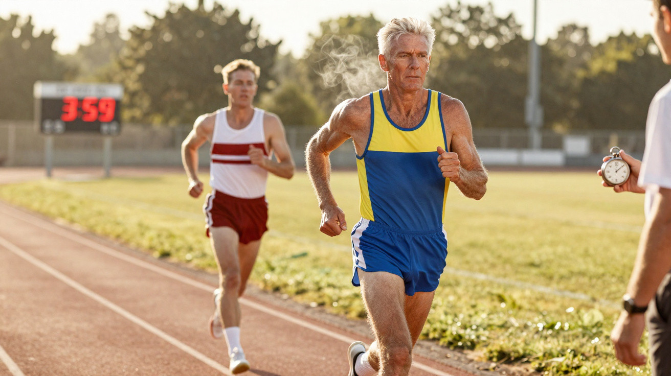 Two male athletes running on an outdoor track, one checking stopwatch, digital timer reads 3:59.