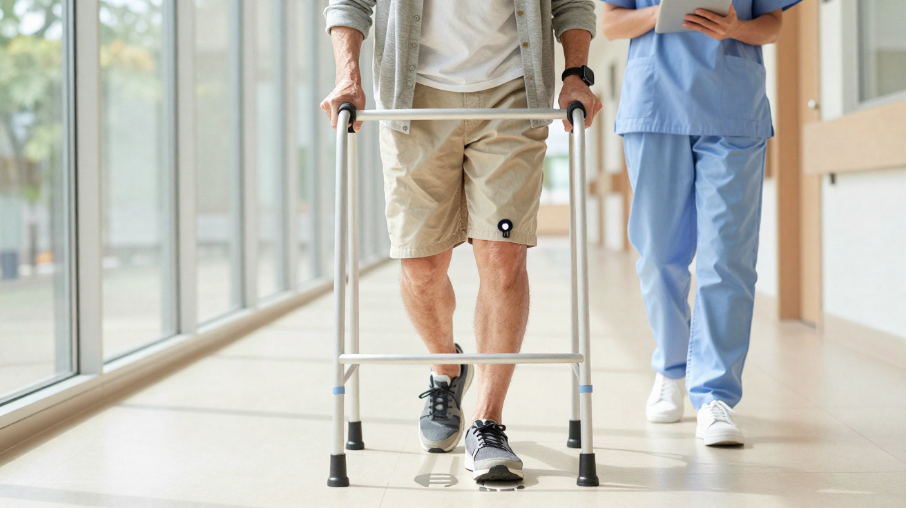 Elderly man using a walker assisted by a healthcare professional in a bright hospital corridor.